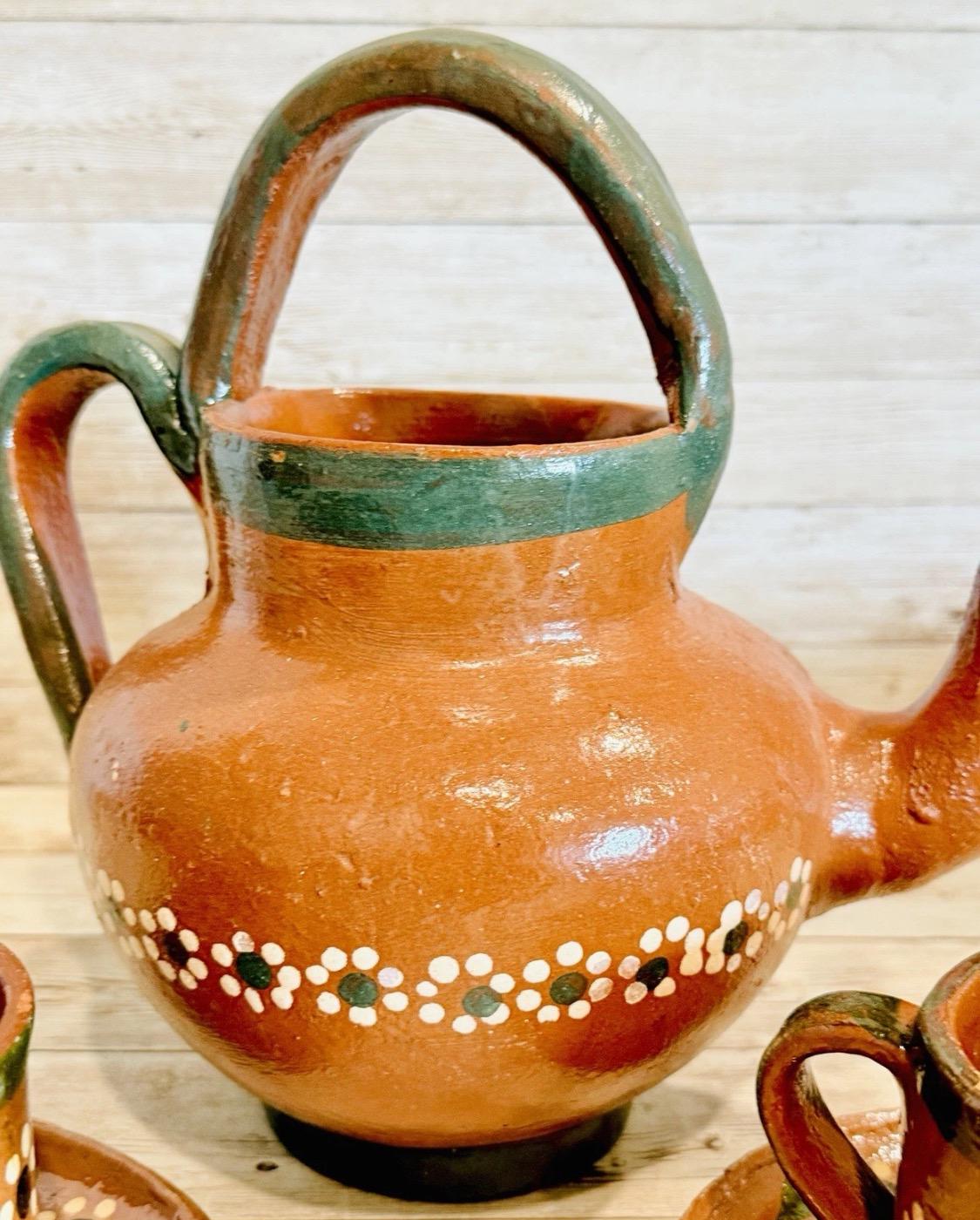 Handmade Mexican Clay Teapot Set Barro Mexicano Teapot with 2 Cups & Saucers Rustic Terracota Pottery Folk Art From Mexico Cafetera de Barro