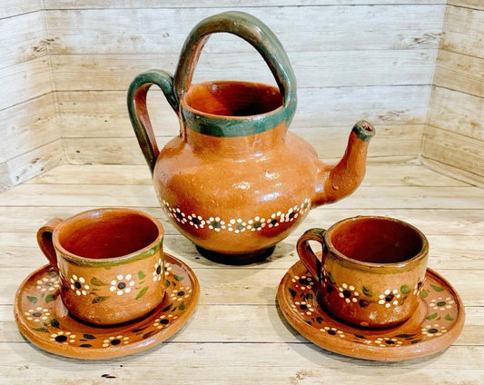 Handmade Mexican Clay Teapot Set Barro Mexicano Teapot with 2 Cups & Saucers Rustic Terracota Pottery Folk Art From Mexico Cafetera de Barro