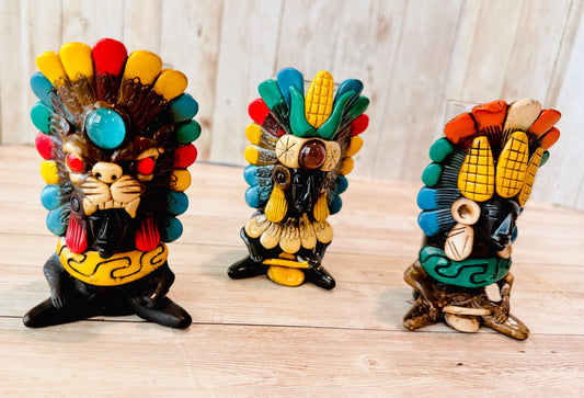 3 Mexican Ceramic Handcrafted Aztec Mayan Warrior Shot Glasses 3 Vasos Tequilero Mexicanos de Azteca Maya