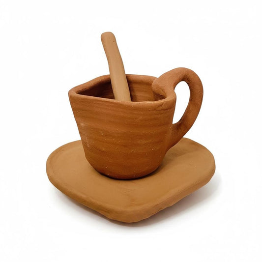 Mexican Red Terra Cota Heart Cup Mug with Heart Plate & Spoon Taza Plato y Cuchara de Corazon de Barro Rojo Mexicano