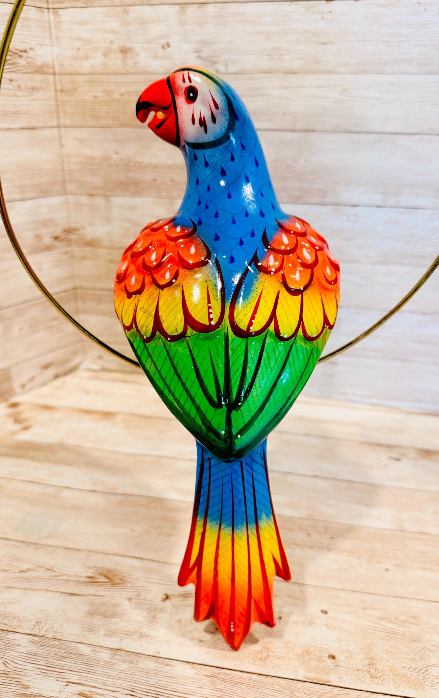 Hanging Exotic Bird in Ring Mexican Pottery Ceramic Pajaro De Cerámica