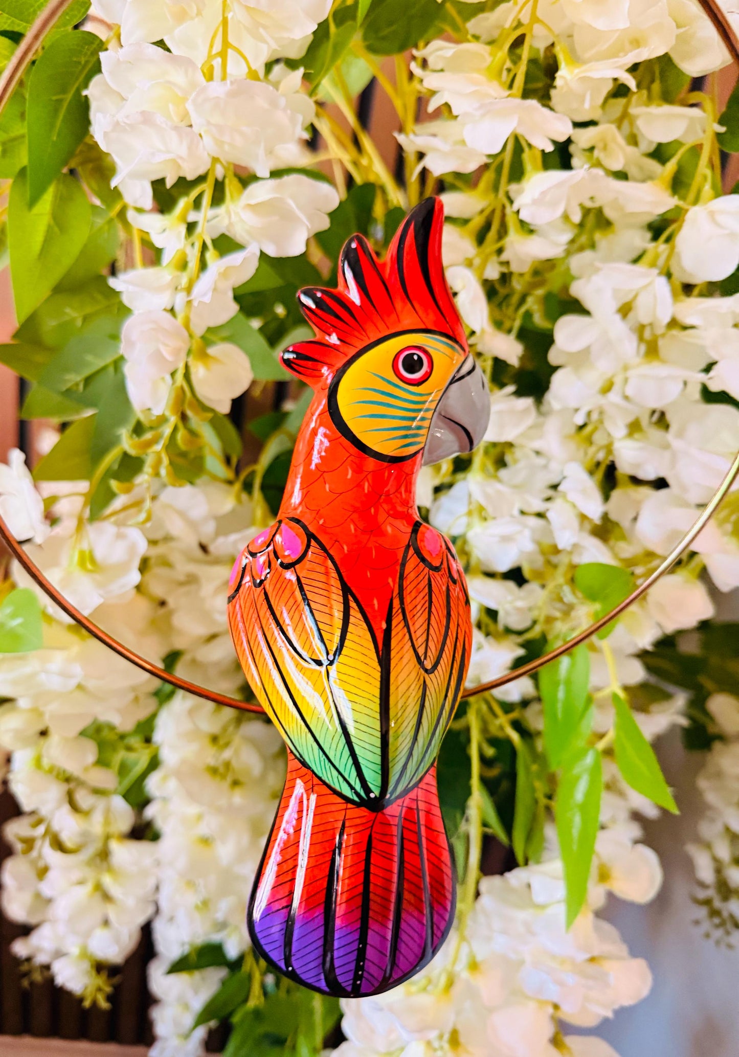 Hanging Exotic Bird in Ring Mexican Pottery Ceramic Pajaro Mexicano De Cerámica en Su Aro
