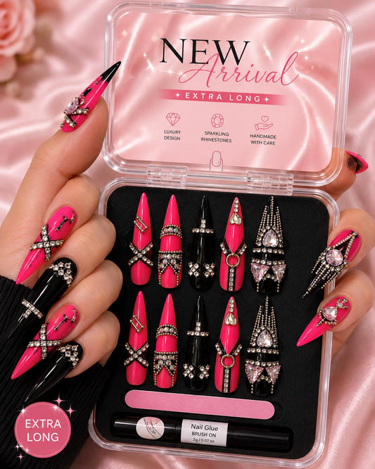 Luxury Hot Pink Black Rhinestone Press On Nails Extra Long Stiletto Bling Nails Handmade Custom Glam Set Size Large