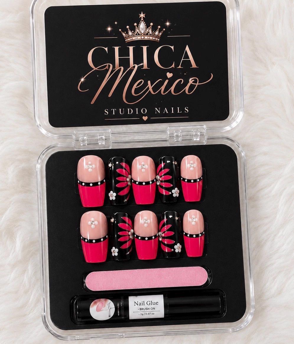 Pink Black Floral Press On Nails & Toes Set Handmade Custom Matching Nail Set Reusable Glossy Nails