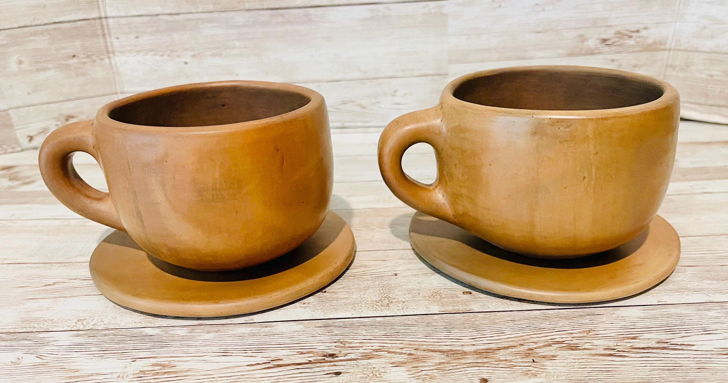 Brown Oaxacan Mexican Clay Cups Set with 2 Cups & 2 Plates 2 Tazas de Barro Cafe Artesanal de de Oaxaca Artesanales con 2 Platos