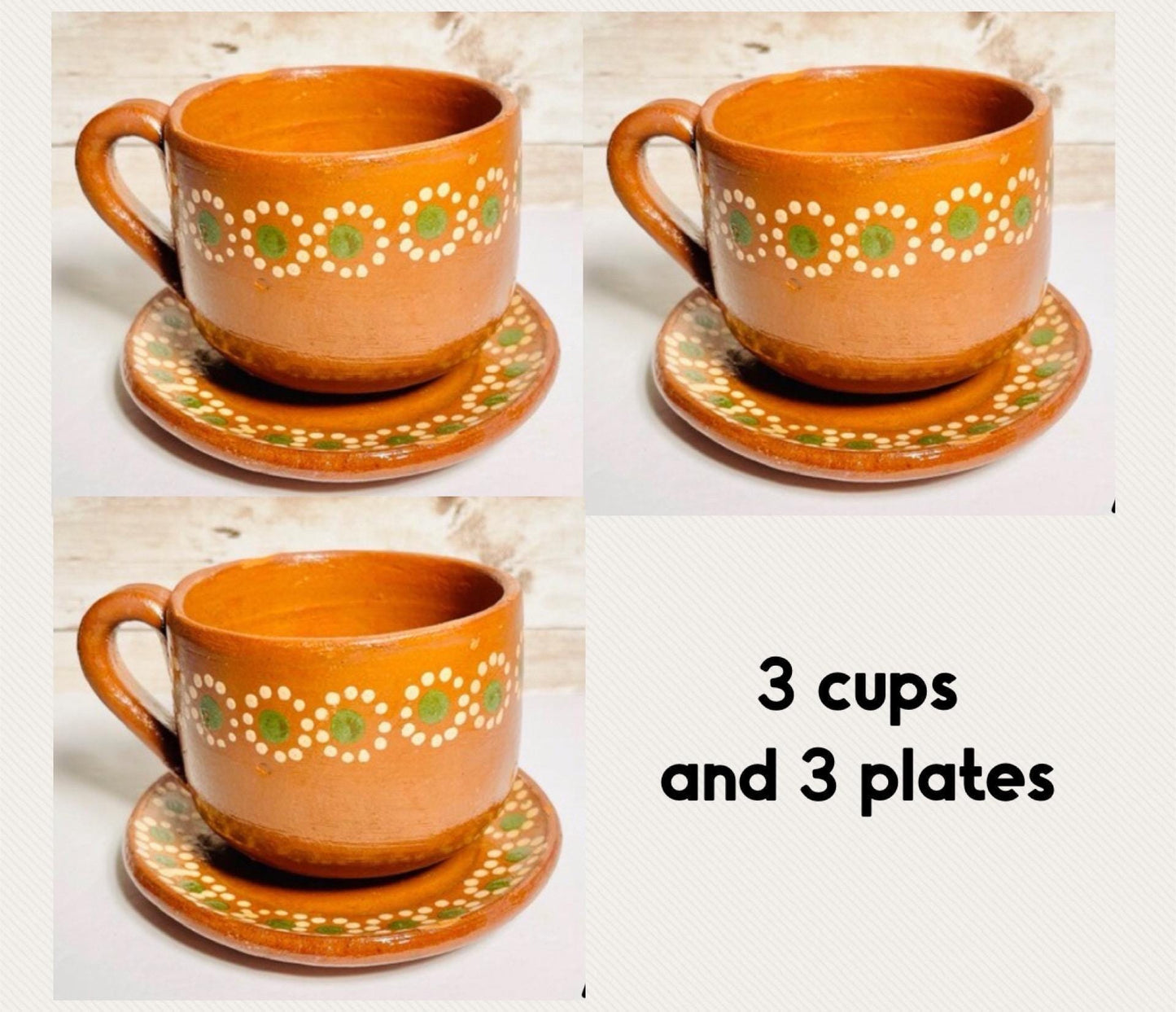 Terra Cotta Mexican Art Pottery CoffeeTea Mugs with Plates Tazas de Barro Artesanales  Mexicana con Plato