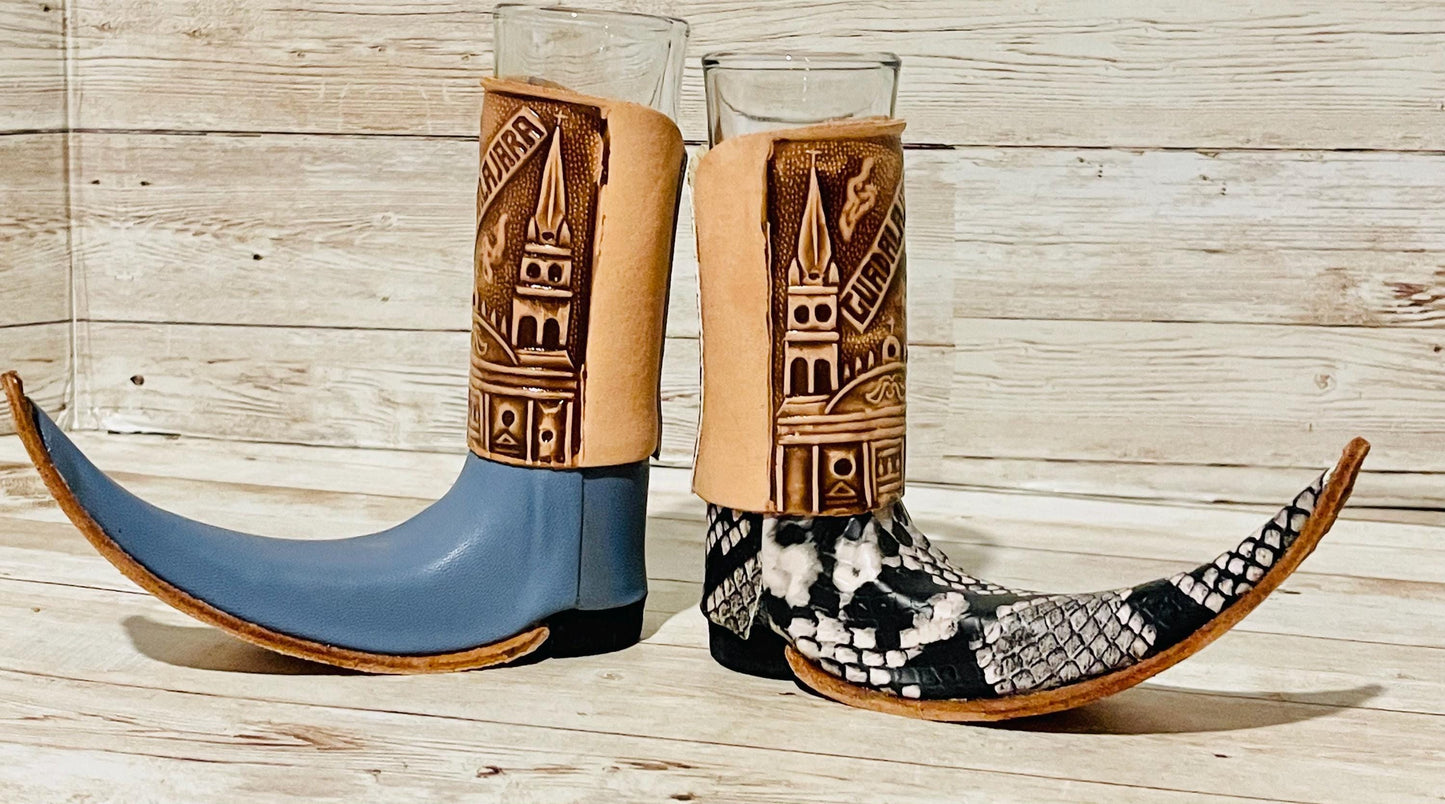 2x Mexican Leather Boot Shot Glasses 2x Vasos Tequileros de Bota con Piel