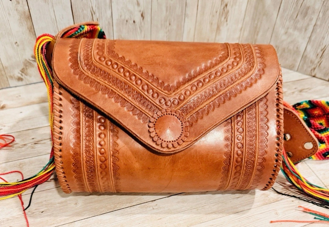 Handcrafted Tooled Western Mexican Leather Crossbody Bag with Woven Straps Bolsa Mexicana de Piel con Correa Tejida