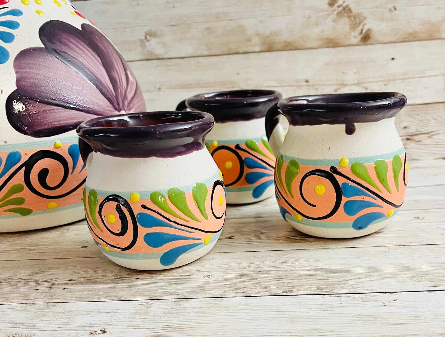 Terra Cotta Mexican Art Pottery Pitcher With 6 Cups Jarra Artesanal Mexicana