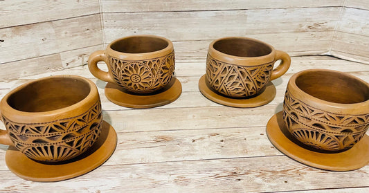 Brown Oaxacan Mexican Clay Cups Set with Plates Tazas de Barro Cafe Caladas Artesanales de de Oaxaca con 2 Platos
