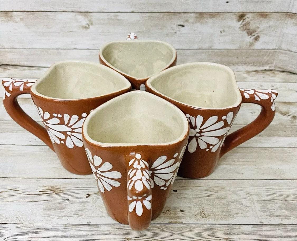 4x Mexican Ceramic Heart Shaped Pottery Cups 4x Tazas de Ceramica Mexicanas en Forma de Corazon