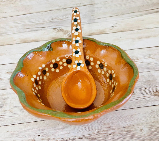 Mexican Terra Cota Bowls Salseros with  Spoons Plato Salsero de Barro con  Cuchara de Barro