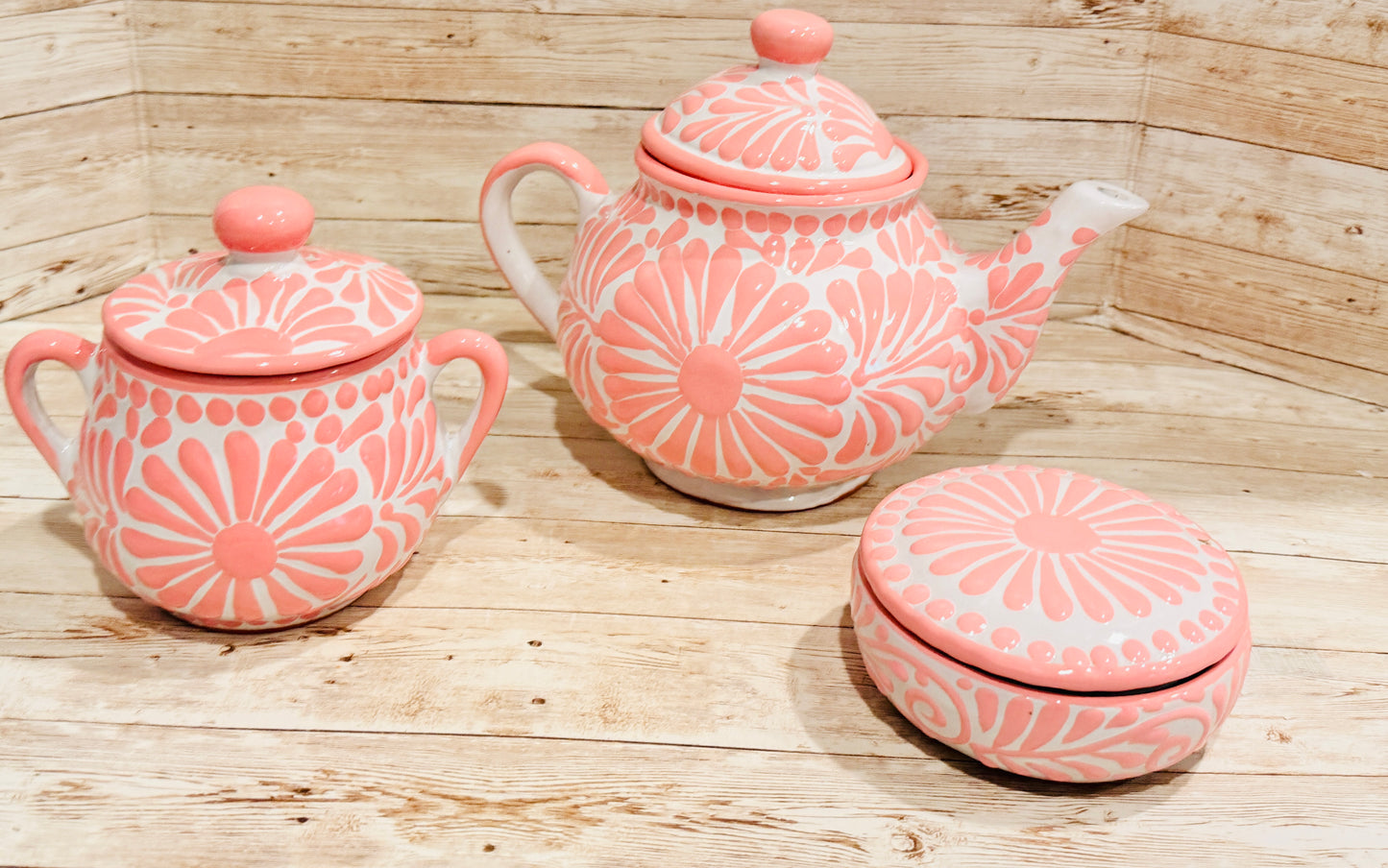 Mexican Pink Talavera Coffeepot Teapot Set with Sugar Bowl and Serving Dish with Lid Talavera Rosa Tetera con Azucarera y Charola Chica para Servir