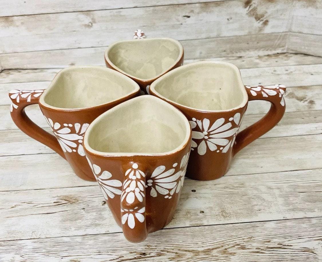 4x Mexican Ceramic Heart Shaped Pottery Cups 4x Tazas de Ceramica Mexicanas en Forma de Corazon
