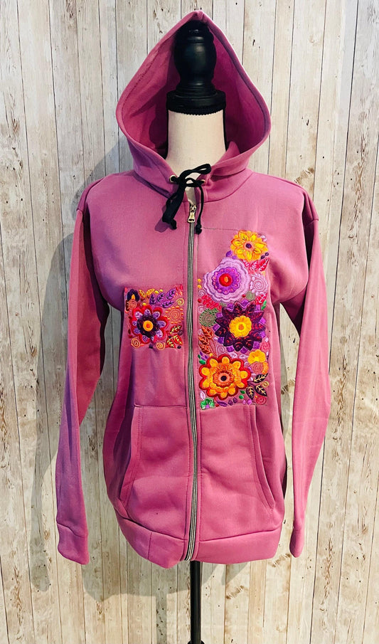 Mexican Embroidered Hoodie Zip Front Sweater Size XL Sueter Bordado Mexicano
