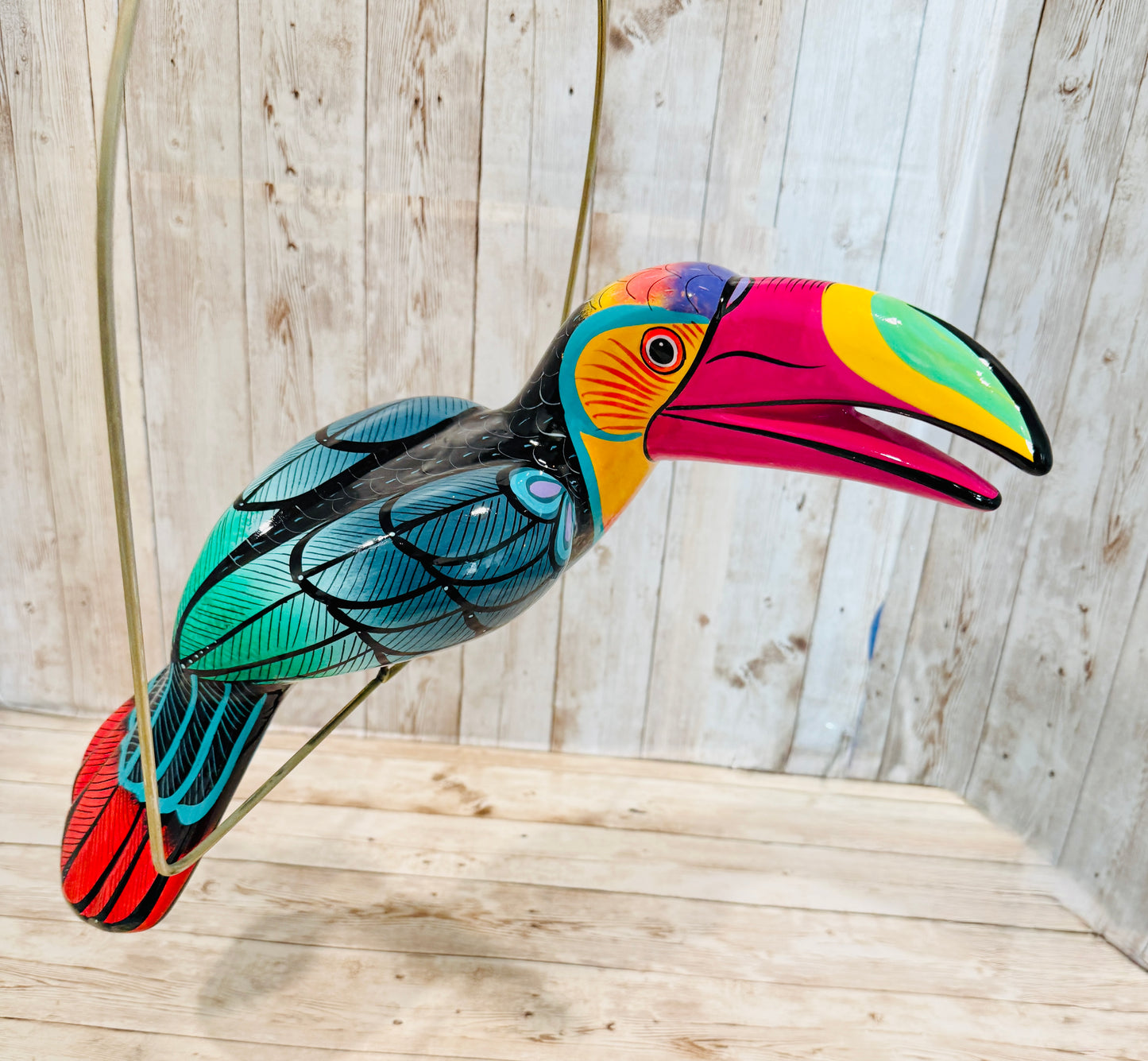 Mexican Exotic Ceramic Bird on a Perch Pajaro Mexicano de Ceramic en Aro