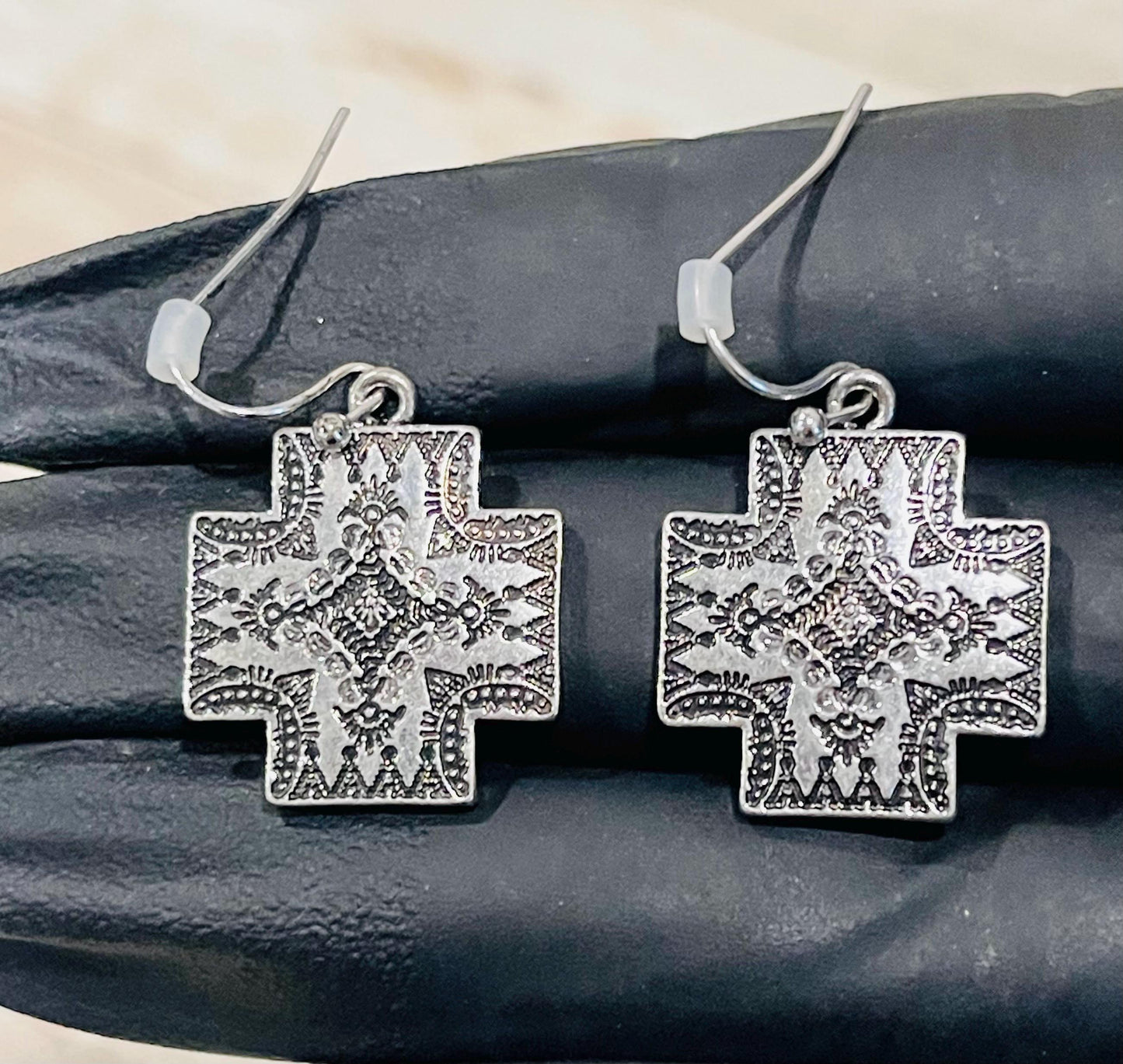 Western Cross Pendant & Earring Set Antique Silver Tone Jewelry Juego de Dije y Aretes de Cruz Estilo Color Plata Antigua