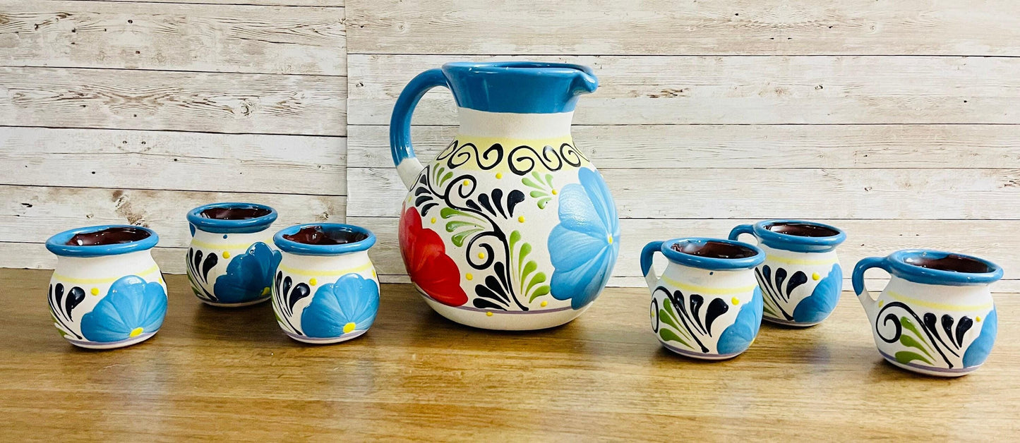 Terra Cotta Mexican Art Pottery Pitcher With 6 Cups Jarra Artesanal Mexicana