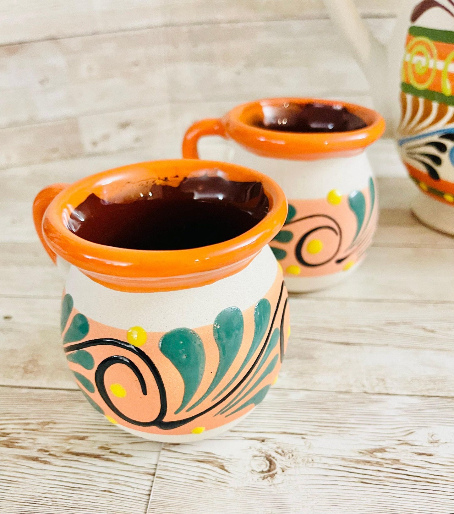 Terra Cotta Mexican Art Pottery CoffeeTea Set Drinkware With 4 Mugs Jarra Lechera Cafetera Artesanal con 4 tazas