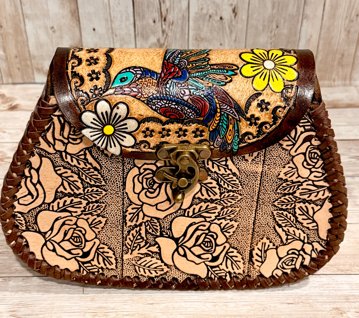 Mexican Leather Tooled Handbag Bolsa Mexicana de Piel Cincelada