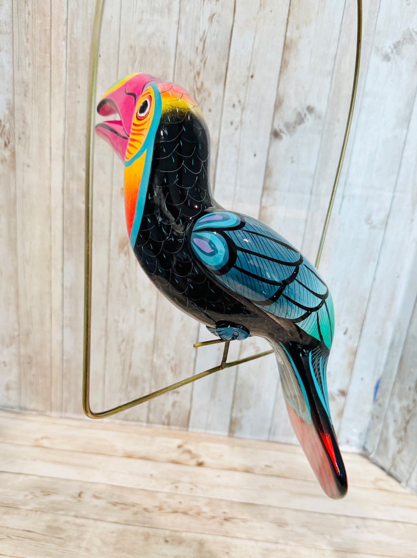 Mexican Exotic Ceramic Bird on a Perch Pajaro Mexicano de Ceramic en Aro