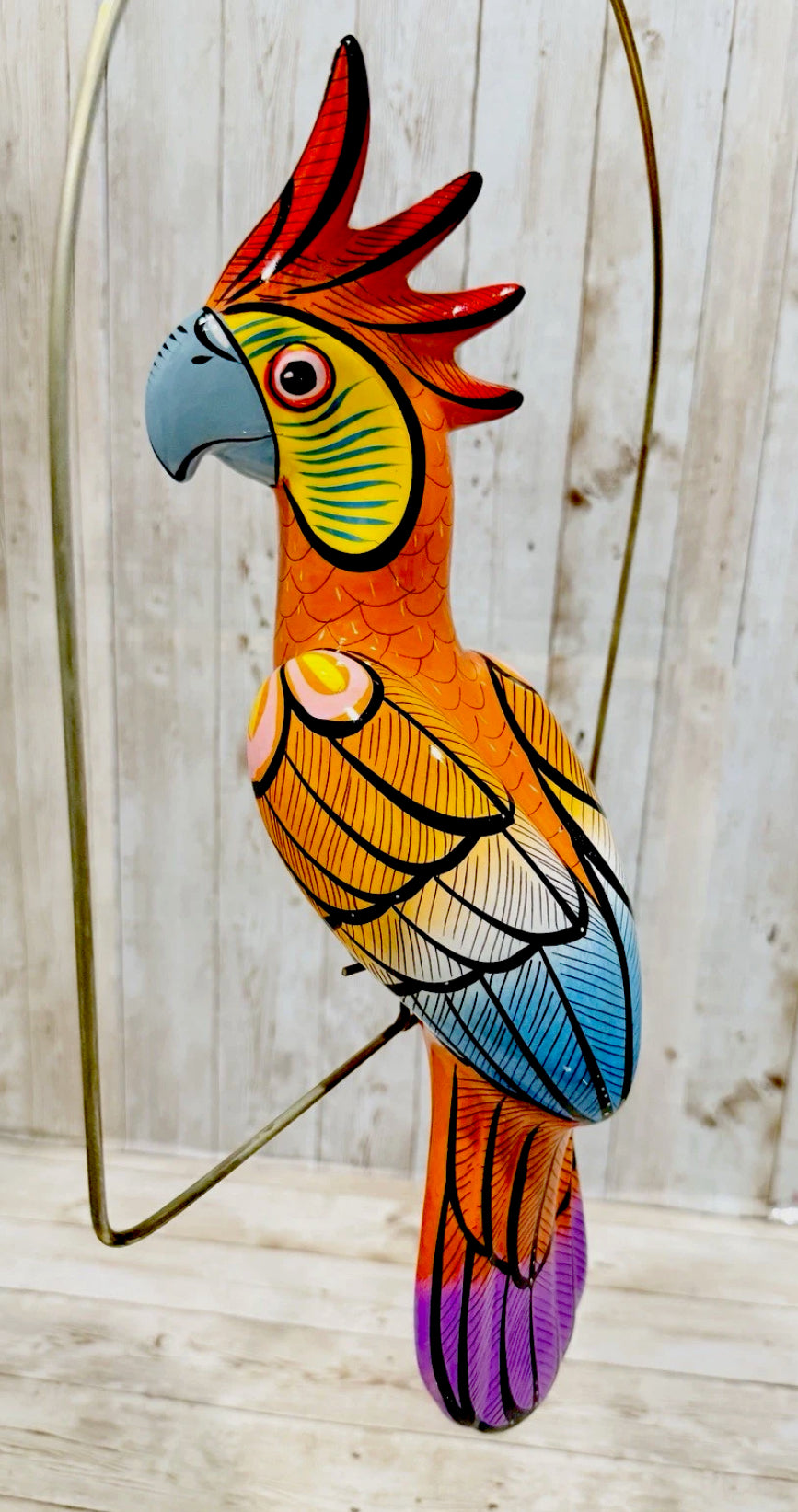 Mexican Exotic Ceramic Bird on a Perch Pajaro Mexicano de Ceramic en Aro