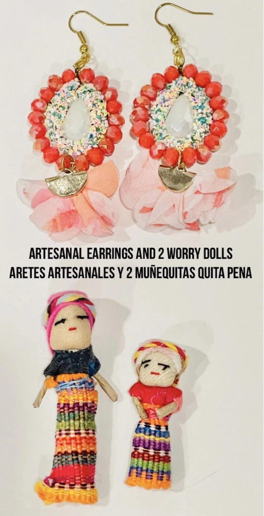 Mexican Artesanal Gift Set Earrings 2 Worry Free Dolls Description Card & Pouch Aretes Artesanales Mexicanos con 2 Muñequitas Quita Pena