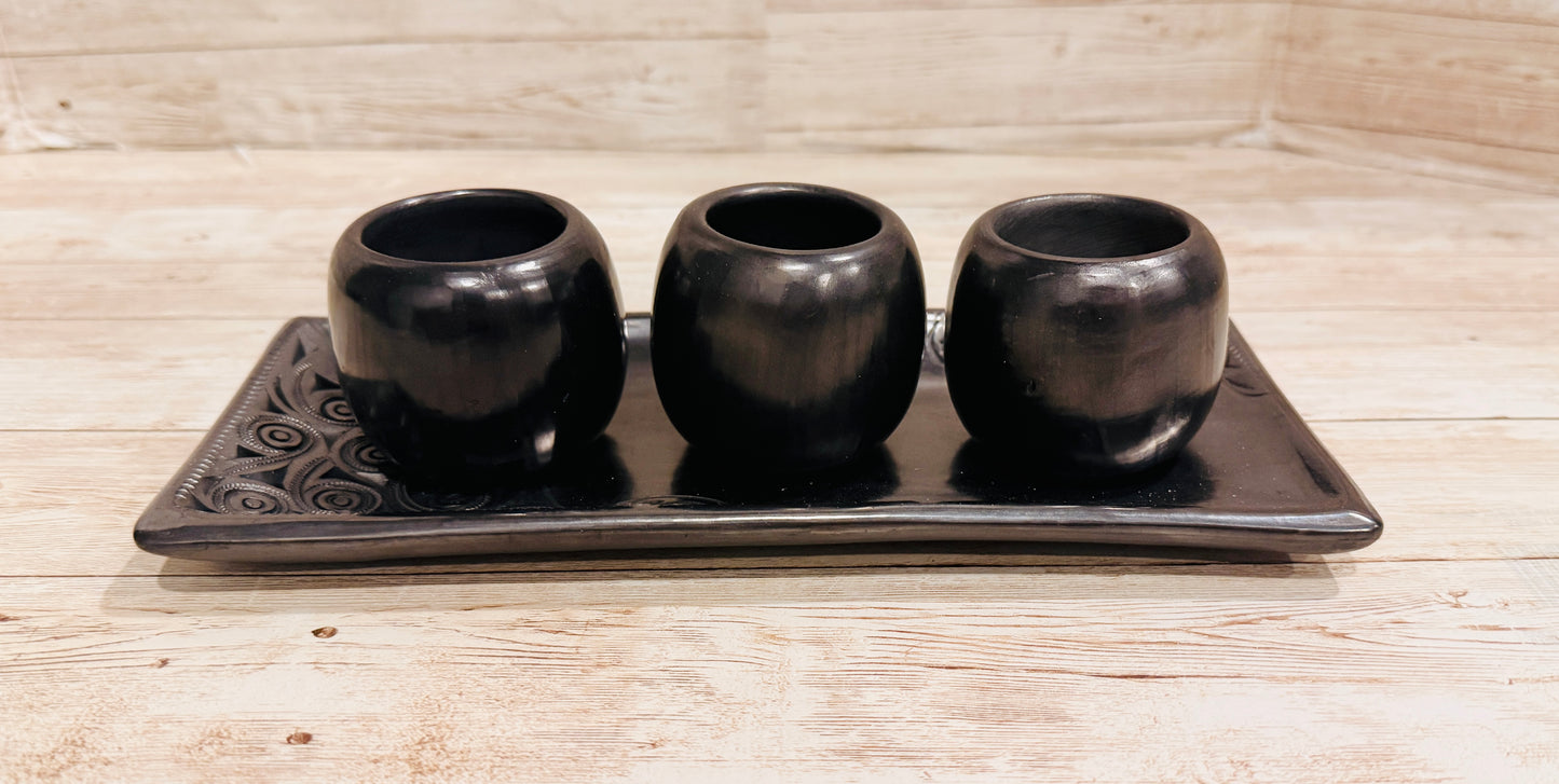 Black Oaxacan Shot Glasses Set with Plate 3 Vasos Tequileros con Bandeja