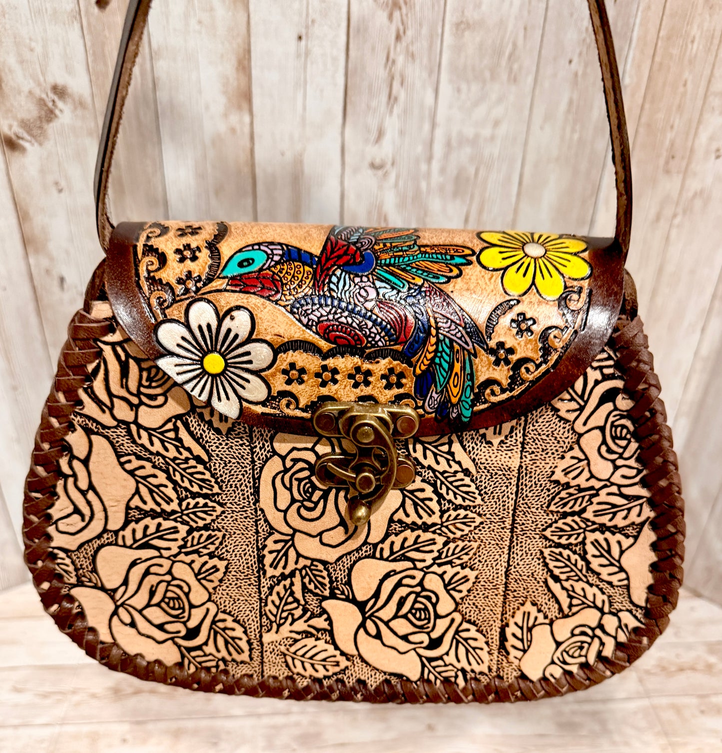 Mexican Leather Tooled Handbag Bolsa Mexicana de Piel Cincelada
