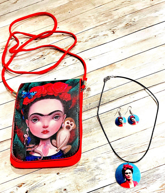Frida Kahlo Set Purse/Bag Earrings and Necklace Crossbody Bag Set de Collar y Aretes de Frida y Bolsa Tipo Crossbody