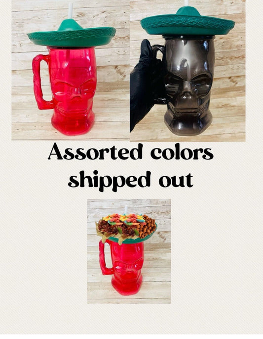 Tarros Mexicanos de Catrina para Bebidas y Botanas Se Envian Colores Surtidos Mexican Plastic Sugar Skulls Cups for Drinks and Snacks