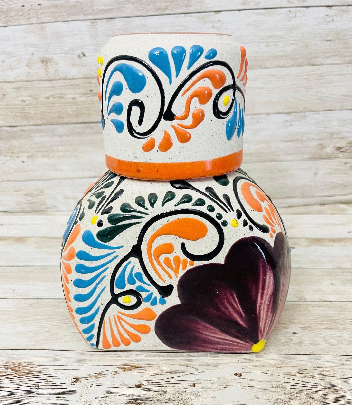 Terra Cotta Mexican Art Water Jug with Cup Garrafon de Barron Artesanal Mexicana con Vaso