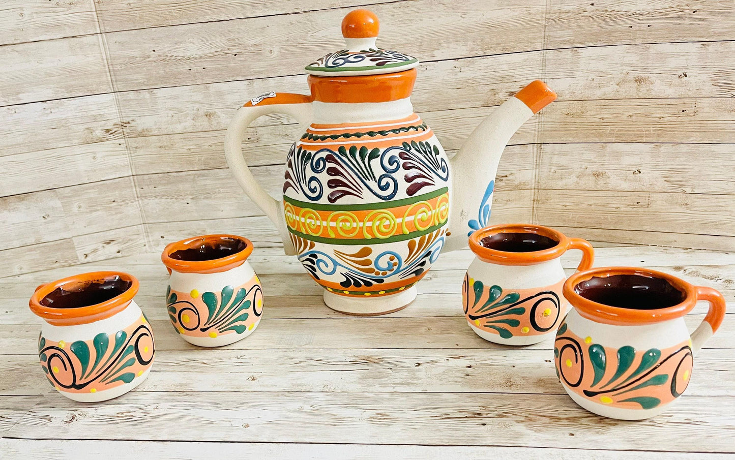 Terra Cotta Mexican Art Pottery CoffeeTea Set Drinkware With 4 Mugs Jarra Lechera Cafetera Artesanal con 4 tazas