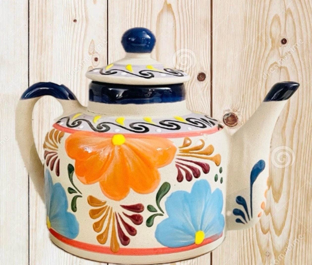 Terra Cotta Mexican Art Pottery CoffeeTea Pot with 2 Mugs Jarra Lechera Cafetera Artesanal Mexicana Engove con 2 Tazas