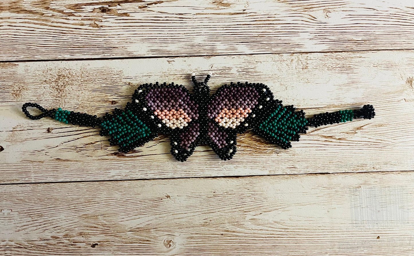 2x CHAQUIRA Huichol Mexican Butterfly Bracelets 2 Pulseras de Chaquira Huichol de Mariposas