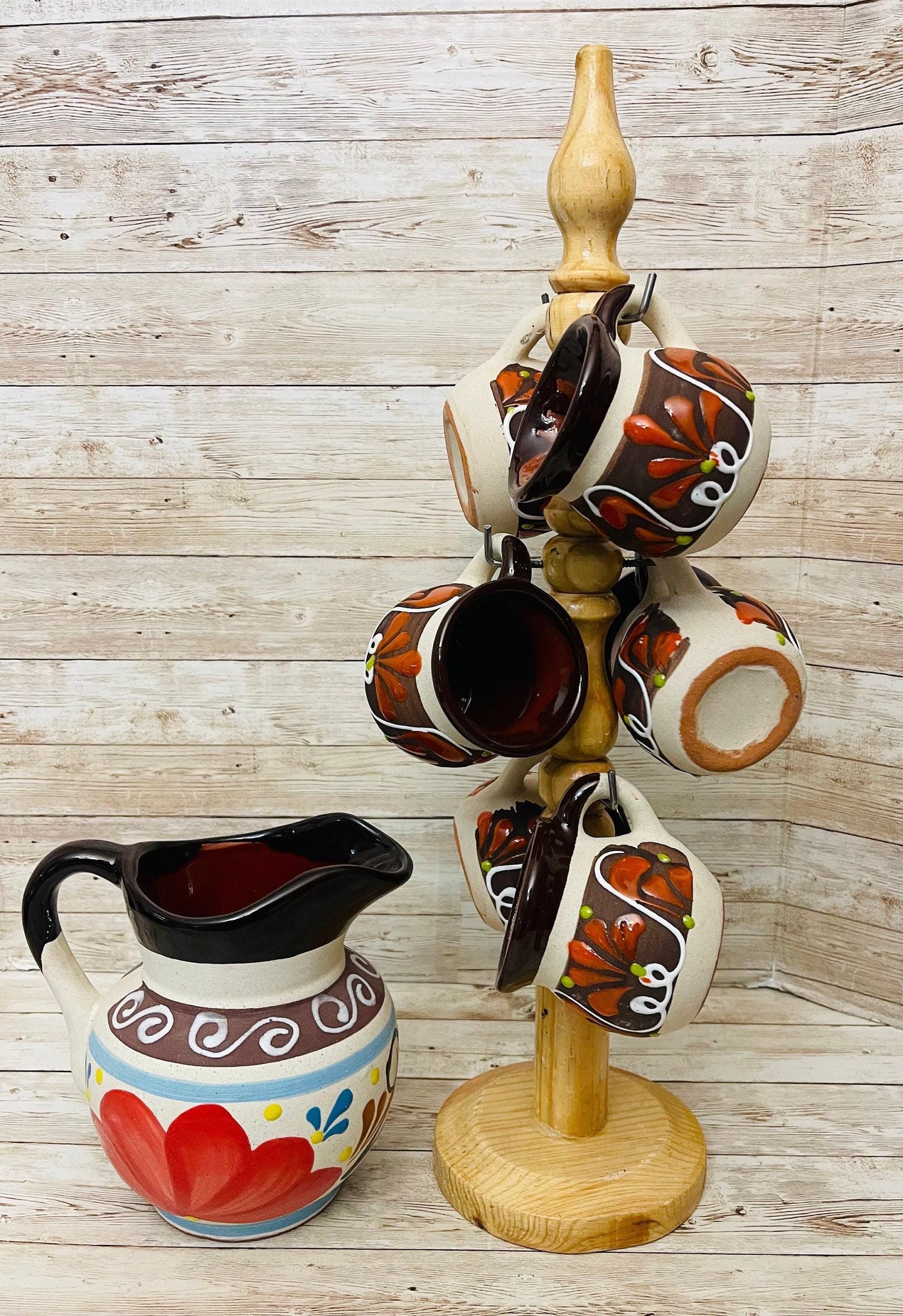 Terra Cotta Mexican Art Pottery CoffeeTea Pot with 6 Mugs and Mug Tree Jarra Lechera Cafetera Artesanal Mexicana Engove con 6 Tazas y Torre