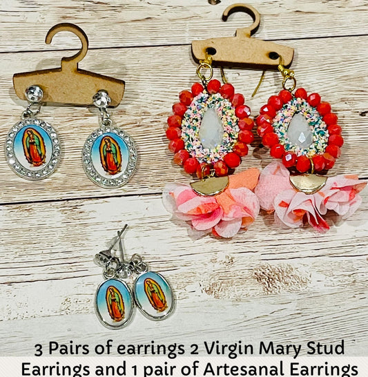 Virgin Mary Earrings Set of 3-2 Stud Earrings and 1 Artisanal Mexican Floral 2 Pares de Aretes de Virgen Maria y 1 Par Aretes Artesanales