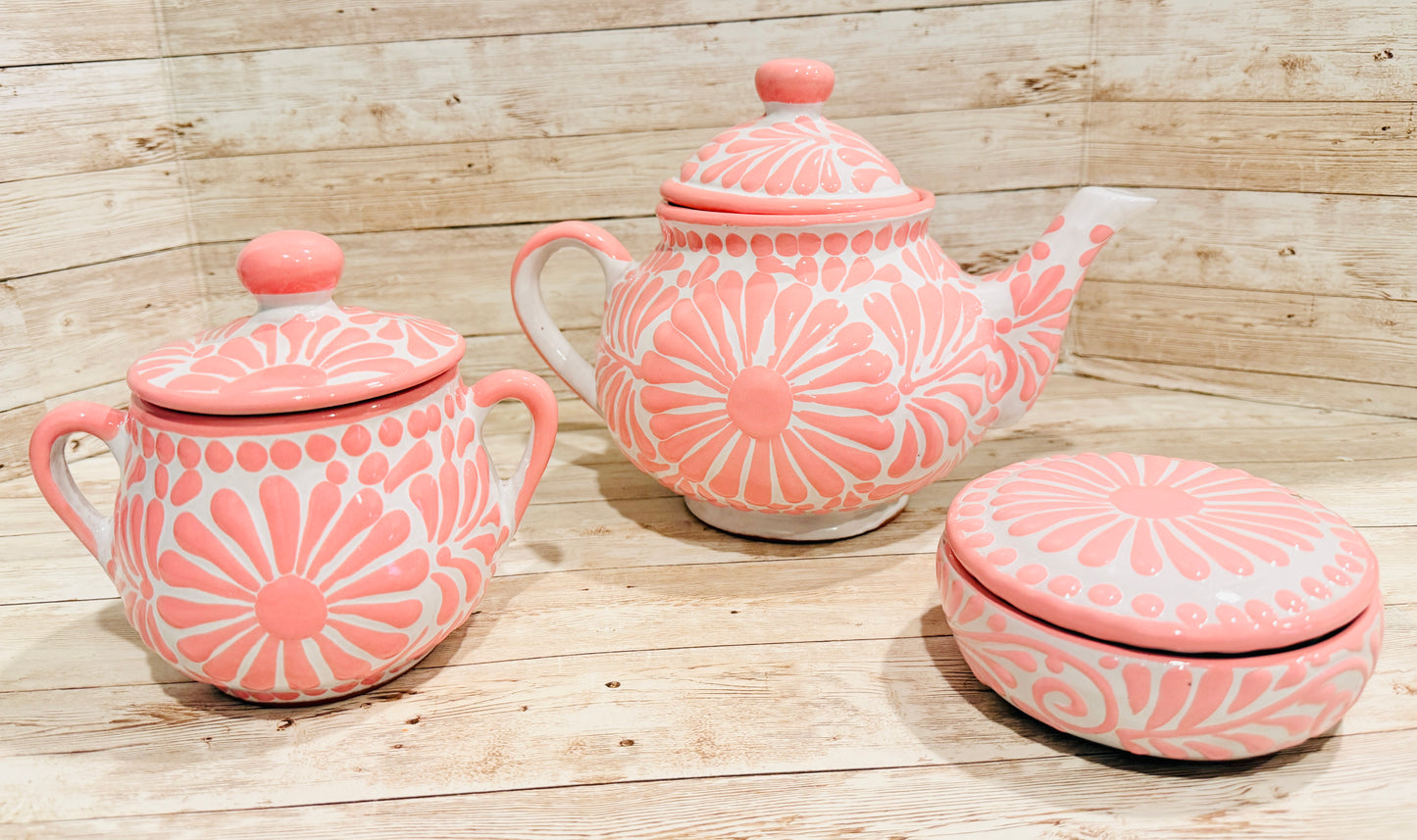 Mexican Pink Talavera Coffeepot Teapot Set with Sugar Bowl and Serving Dish with Lid Talavera Rosa Tetera con Azucarera y Charola Chica para Servir