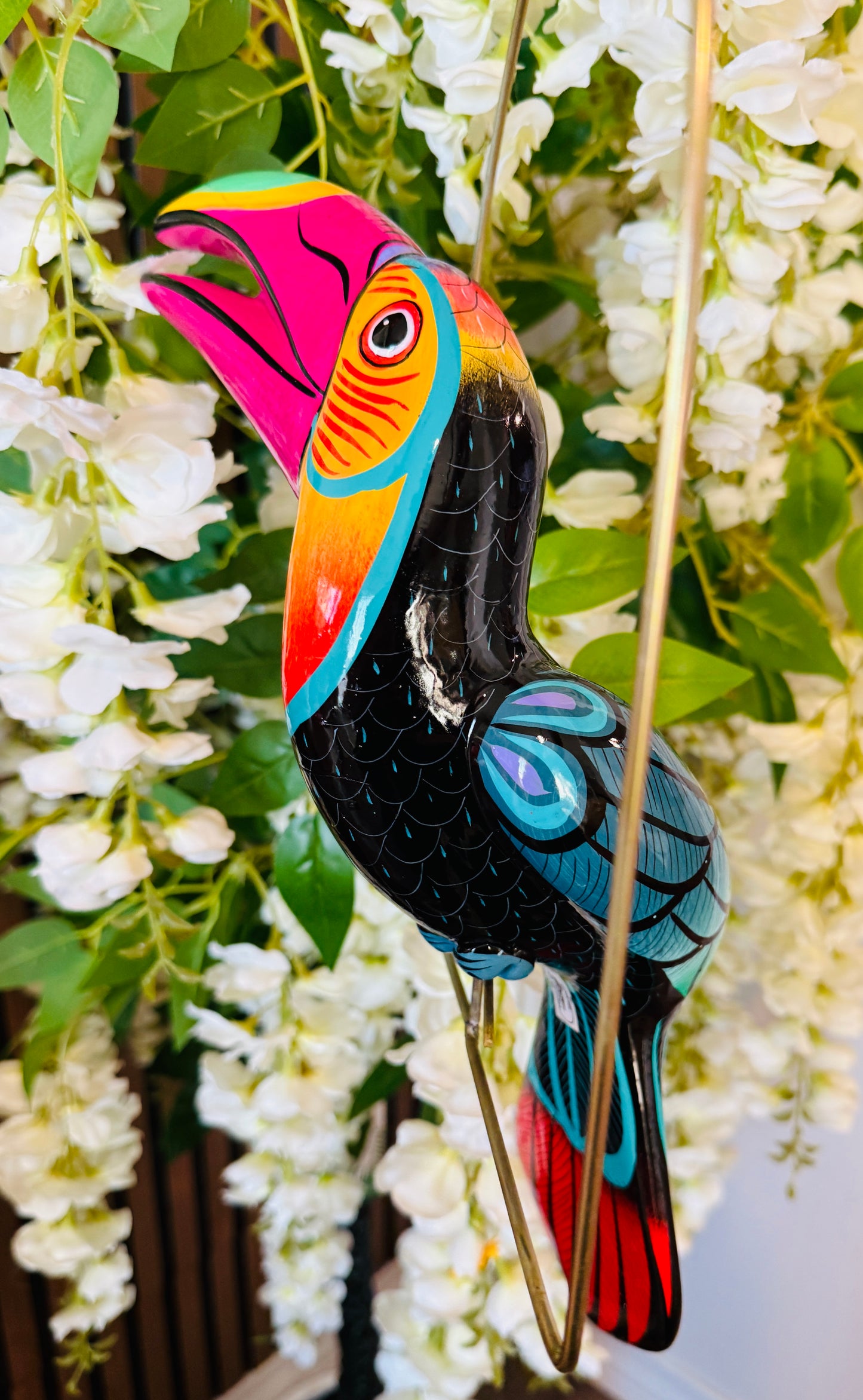 Mexican Exotic Ceramic Bird on a Perch Pajaro Mexicano de Ceramic en Aro