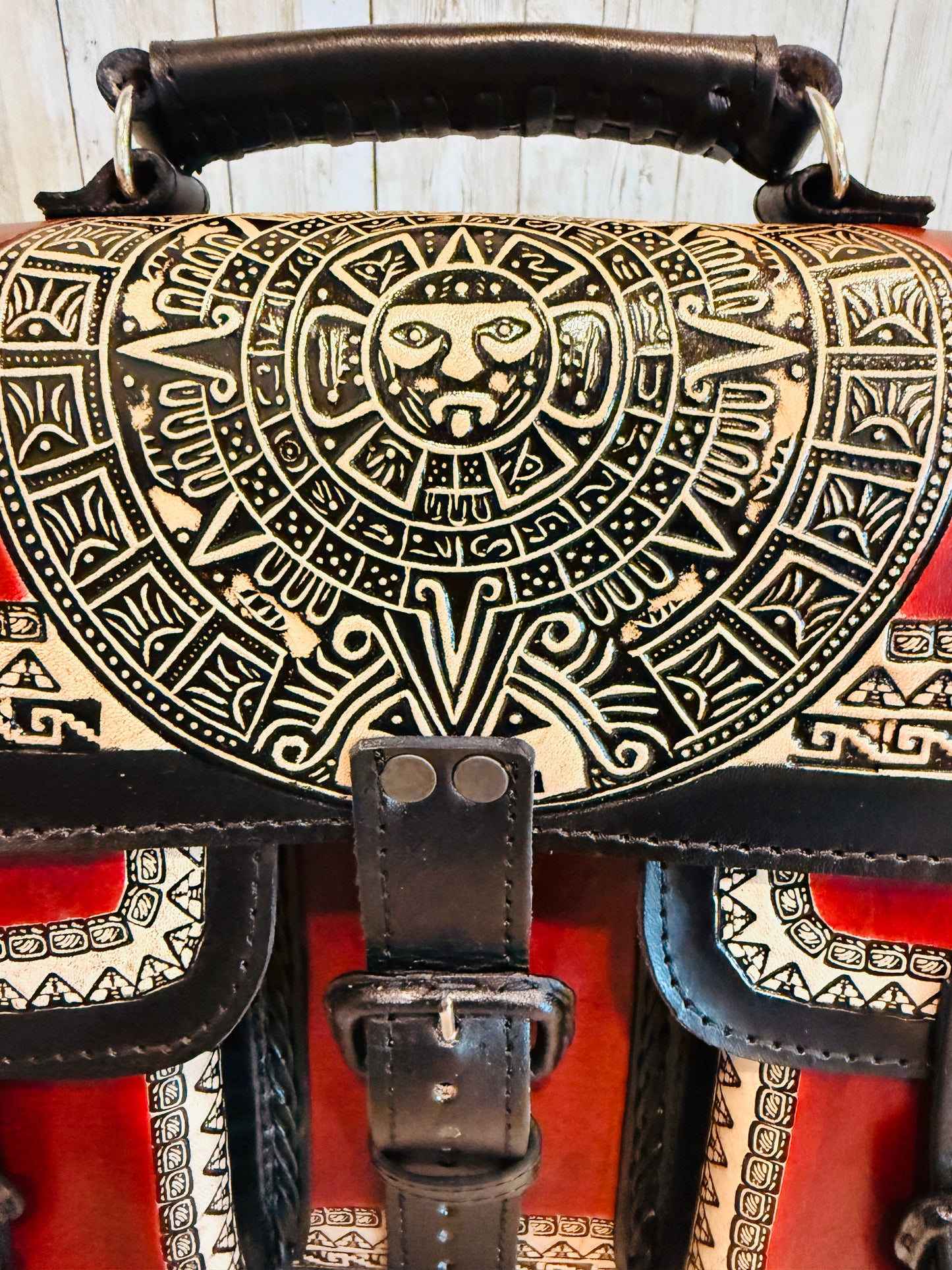 Tooled Leather  Handmade Aztec Satchel Mexican Artisan Shoulder Bag