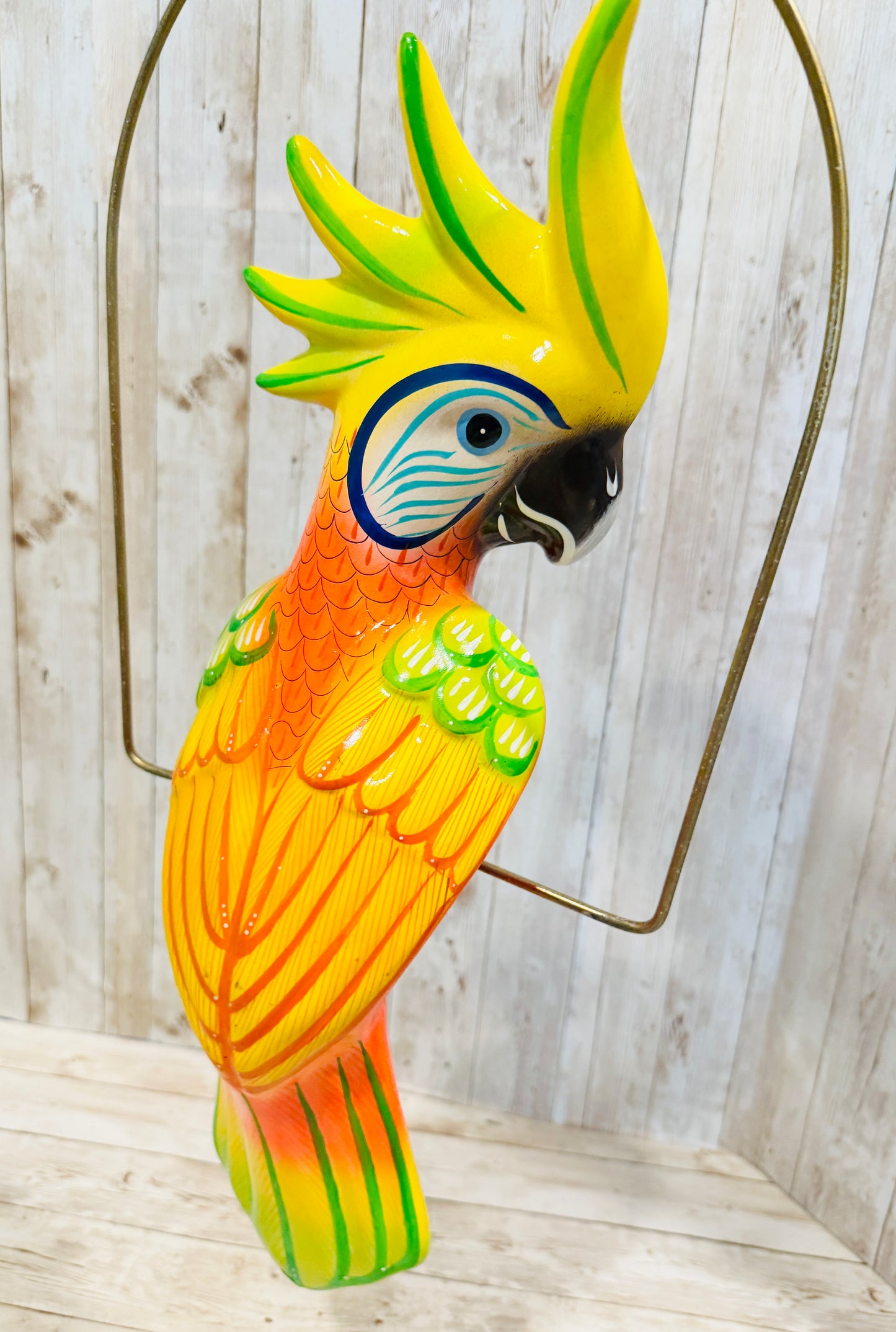 Mexican Exotic Ceramic Bird on a Perch Pajaro Mexicano de Ceramic en Aro