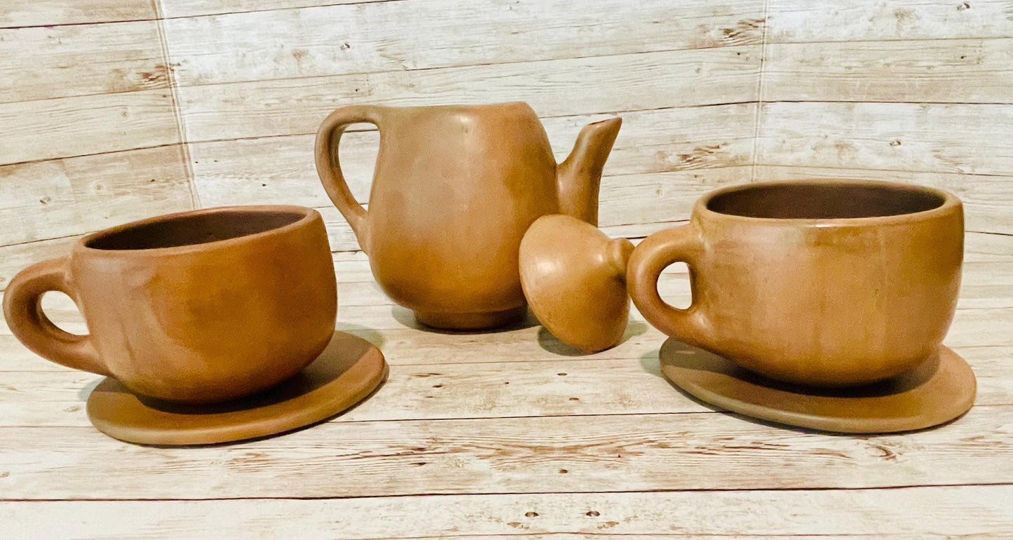 Brown Oaxacan Mexican Clay Coffee Tea Pot Set with 2 Cups & Plates Tetera Artesanal de Barro Cafe de Oaxaca Artesanal con 2 Tazas y 2 Platos