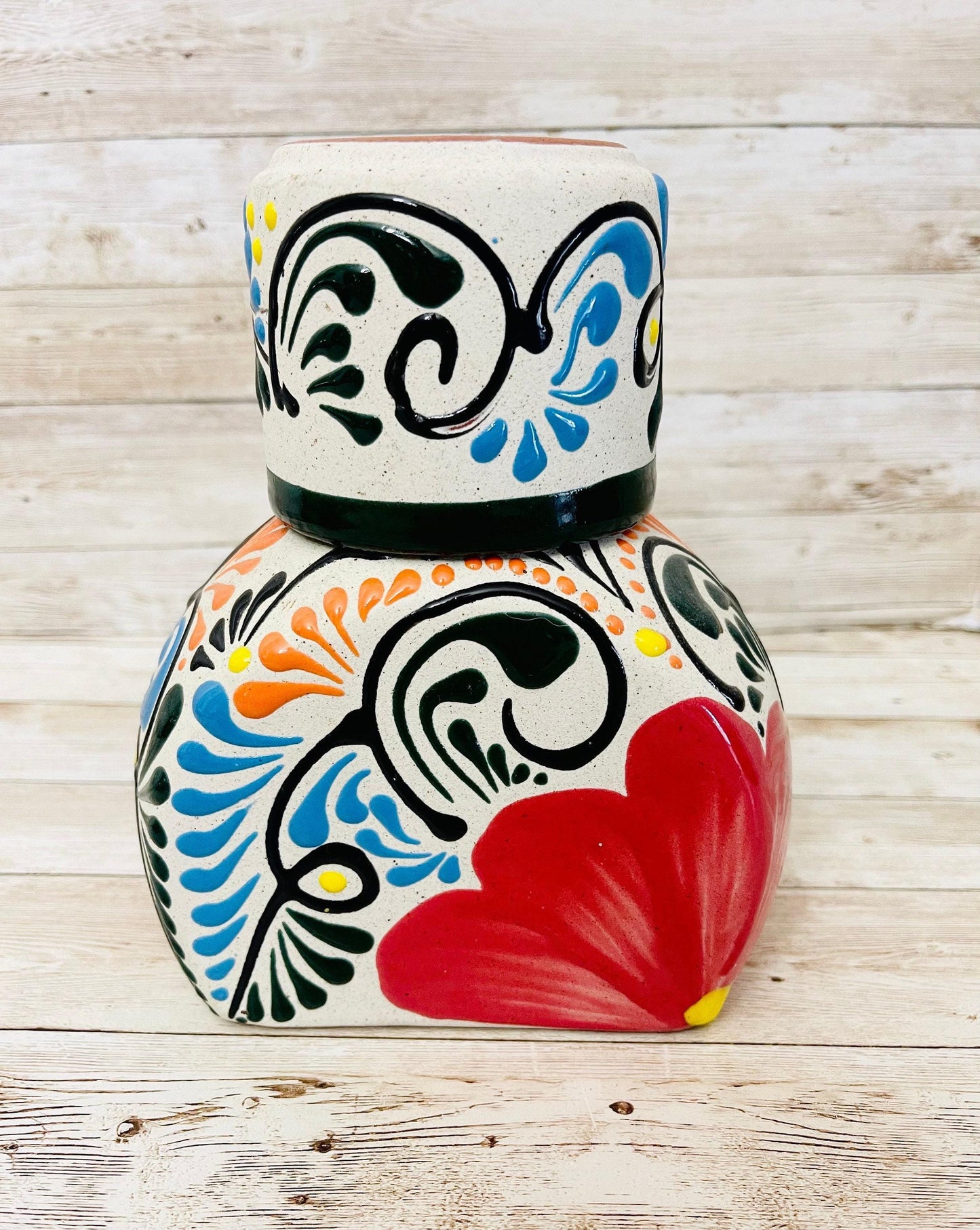 Terra Cotta Mexican Art Water Jug with Cup Garrafon de Barron Artesanal Mexicana con Vaso