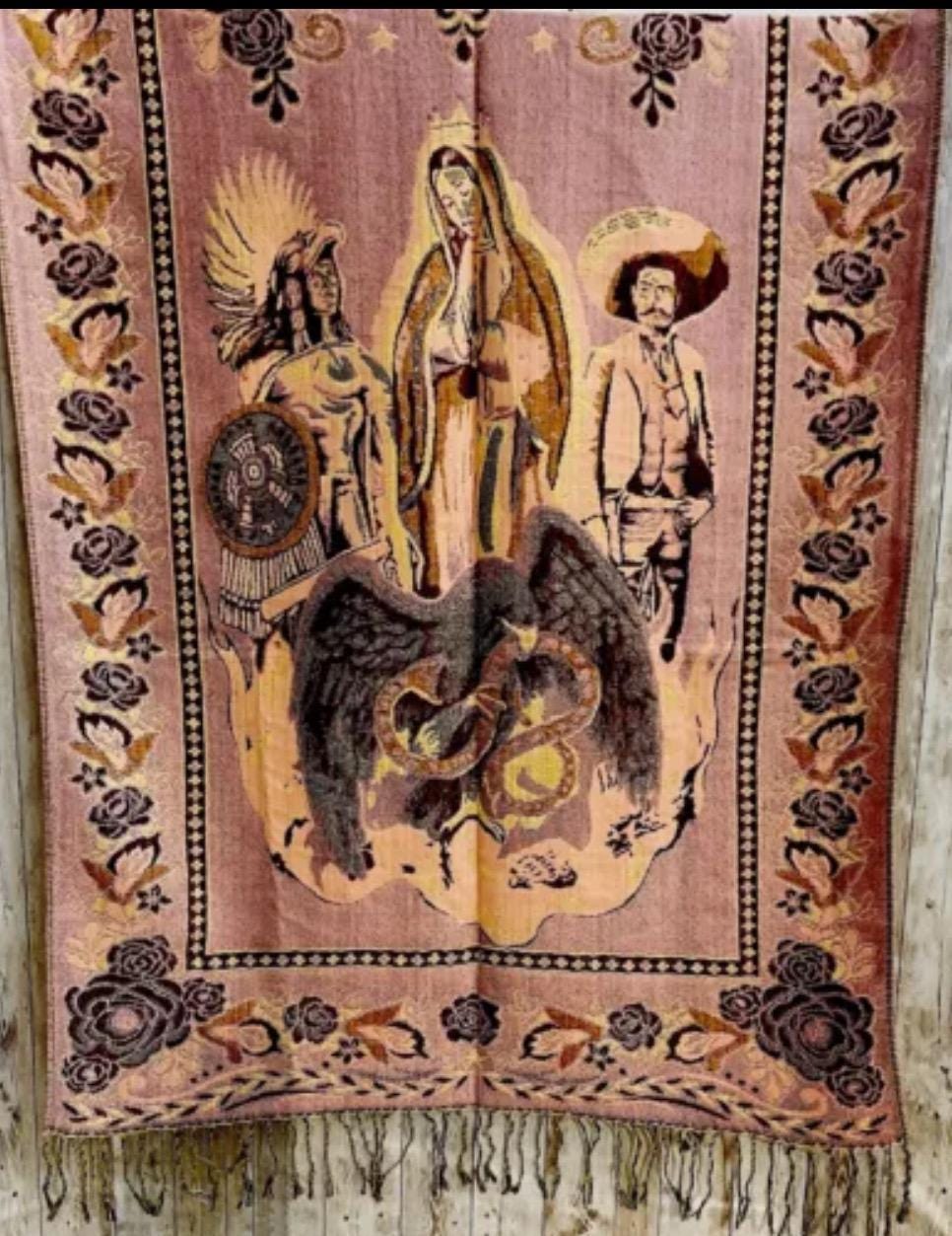 Virgin Mary Mexican Shawls Rebosos Wraps Rebosos de La Virgen Maria con Emiliano Zapata y Montezuma