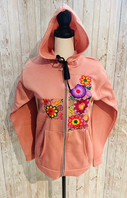 Mexican Embroidered Hoodie Zip Front Sweater Size Large Sueter Bordado Mexicano con Zipper
