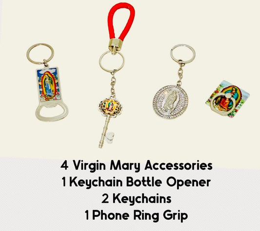 4x Virgin Mary Accessories 1 Bottle Opener 1 Ring Phone Grip 2 Keychains 4 Accesorios de La Virgen Maria 1 Destapador 1 Arillo 2 Llaveros