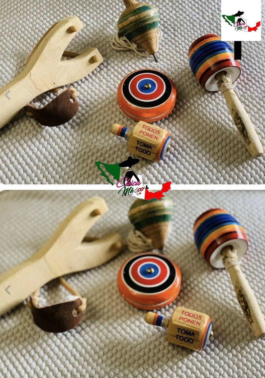 Mexican Classic Toys Set Trompo Toma Todo Balero Resortera Wood Yo Yo