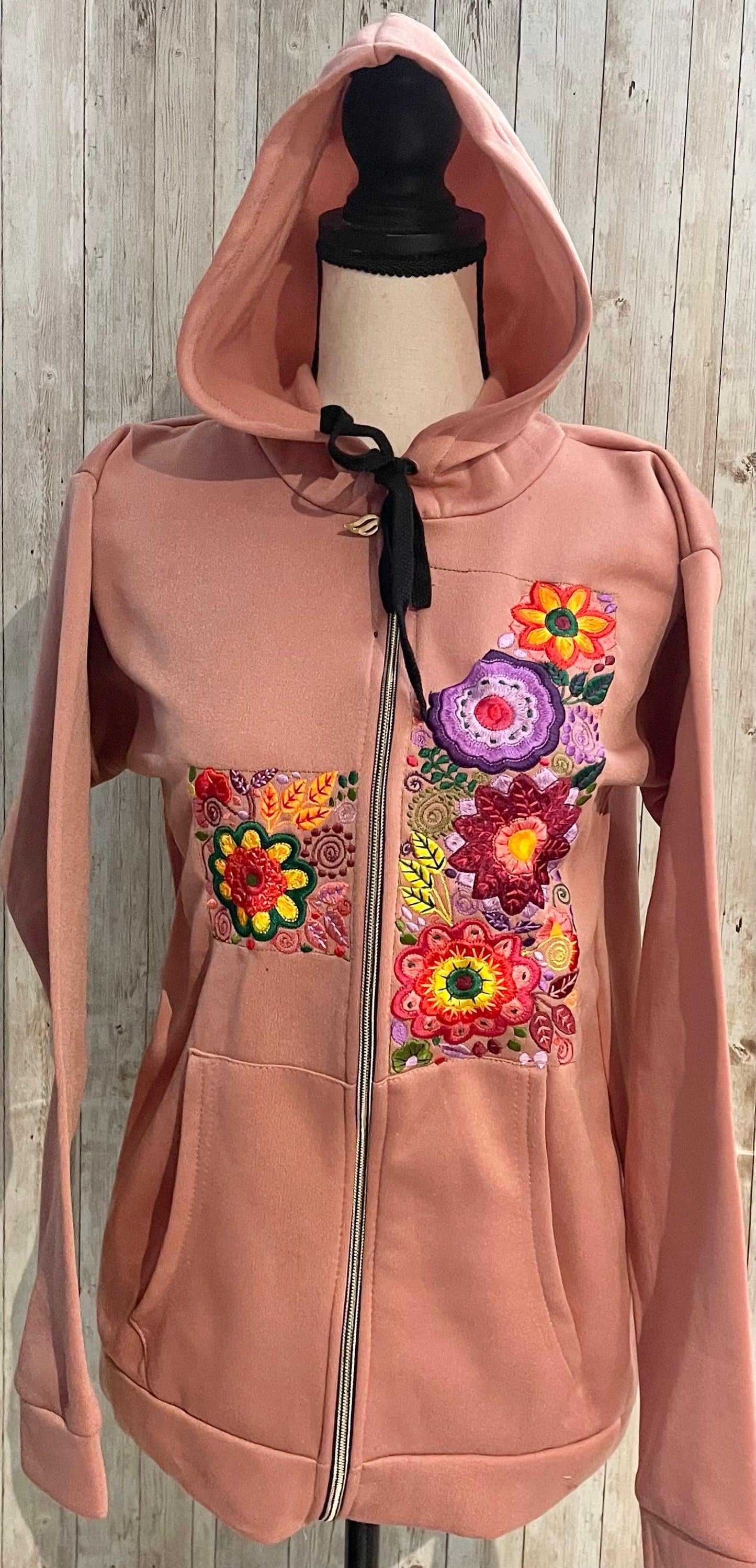 Mexican Embroidered Hoodie Zip Front Sweater Size Large Sueter Bordado Mexicano con Zipper