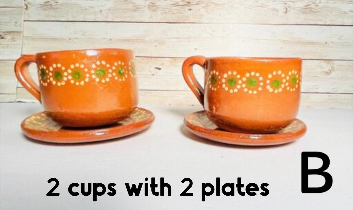 Terra Cotta Mexican Art Pottery CoffeeTea Mugs with Plates Tazas de Barro Artesanales  Mexicana con Plato