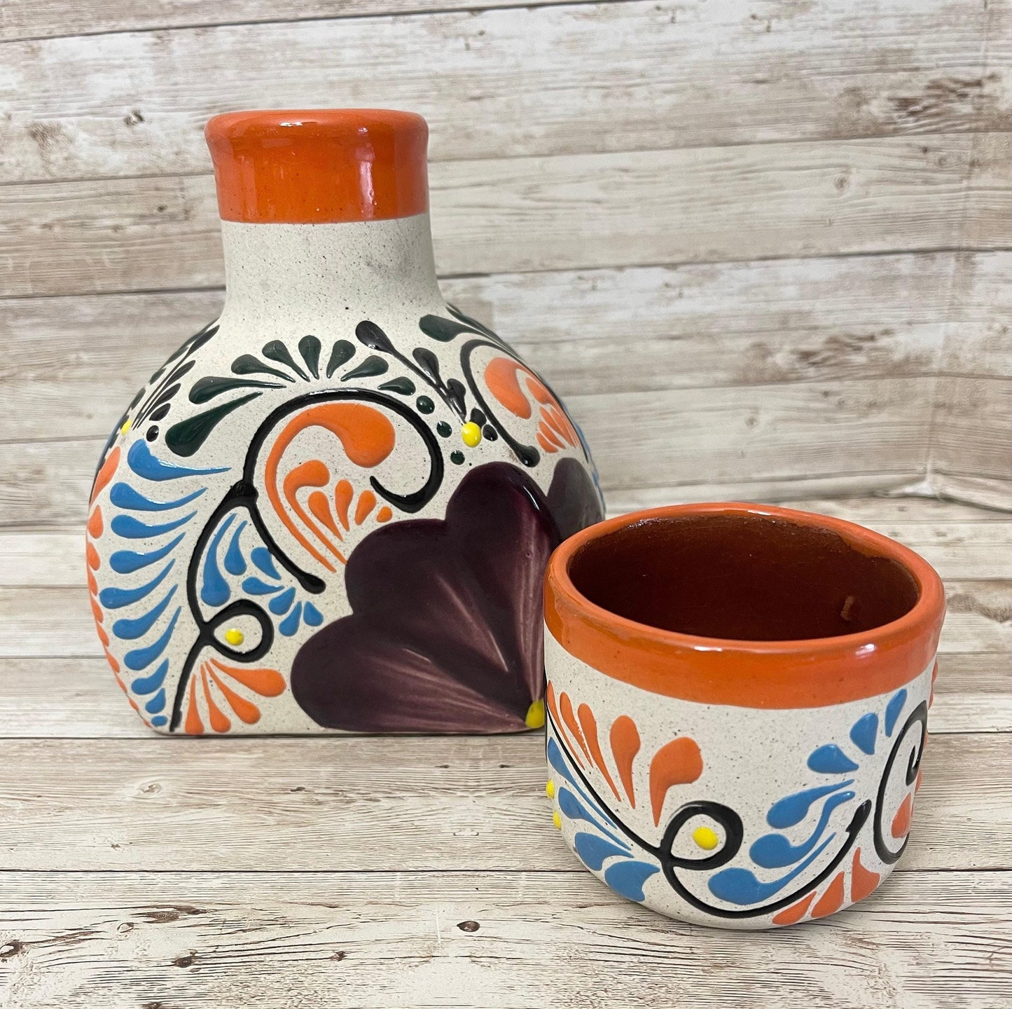 Terra Cotta Mexican Art Water Jug with Cup Garrafon de Barron Artesanal Mexicana con Vaso